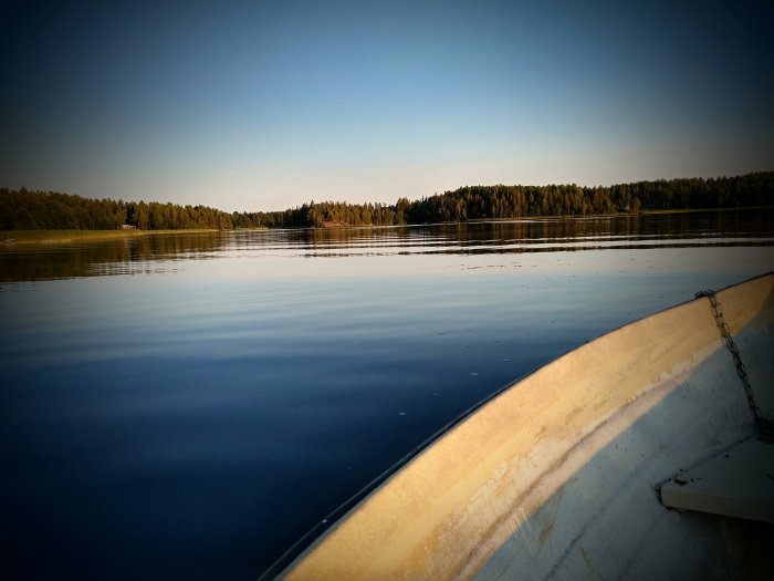 Kvällsutsikt från en eka på en stilla sjö med skog i bakgrunden och vacker himmel.