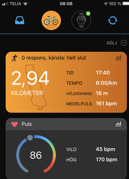 Skärmdump av en fitnessapp som visar löpstatistik med distans, tid, tempo, höjdförändring och puls.