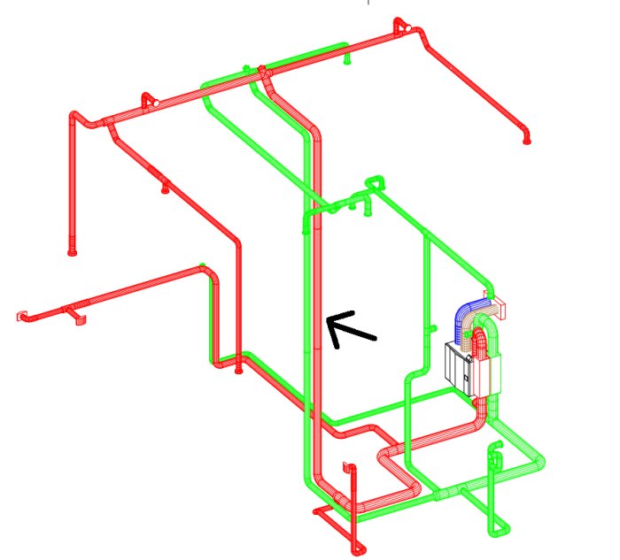 3D-schematisk bild av ventilationskanaler med röd kanal markerad av svart pil och grön 125mm kanal.