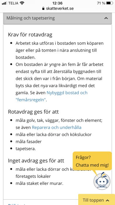 Skärmklipp av en webbsida som visar information om krav för rotavdrag relaterat till målning och tapetsering.