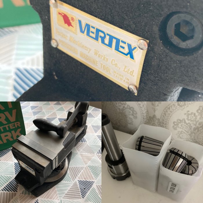 Samling verktyg till fräs med skruvstycke, skär och kollätthållare.