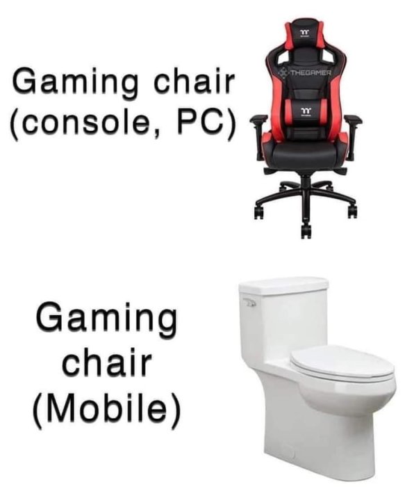 En röd och svart gamingstol för konsol/PC och en vit toalettstol skämtsamt kallad "Gaming chair (Mobile)".