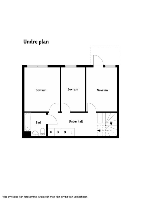 Planritning av undre plan i ett radhus med sovrum, badrum och hall.