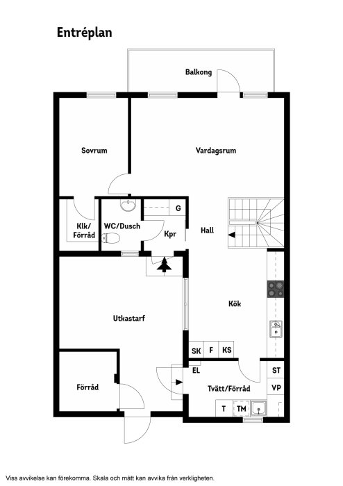 Planritning av ett radhus från 80-talet med beteckningar för rum och möjliga krypgrundsområden.