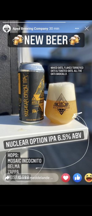 Burk och glas med Apex Brewing's "Nuclear Option IPA", humlesorter och alkoholhalt visas.