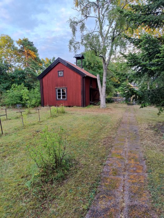 Rött trähus med svart tak, omgivet av träd och gräsmatta, tänkt för omvandling till bostad.