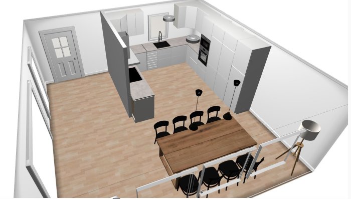 3D-ritning av ett kök med integrerad matplats, modern design och öppen planlösning.