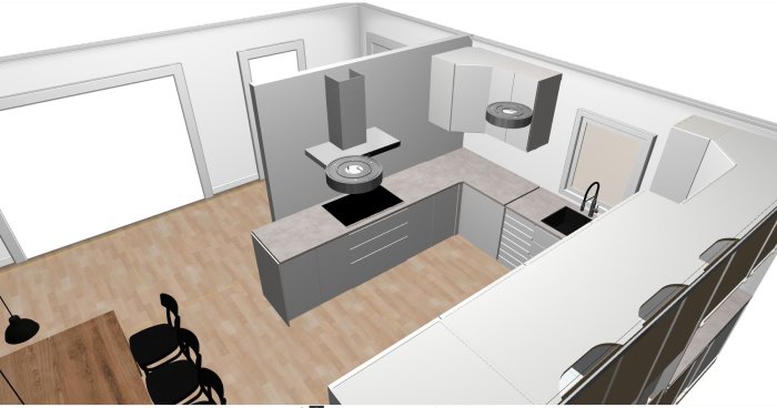 3D-rendering av ett kök med köksö, moderna skåp och inbyggda apparater.