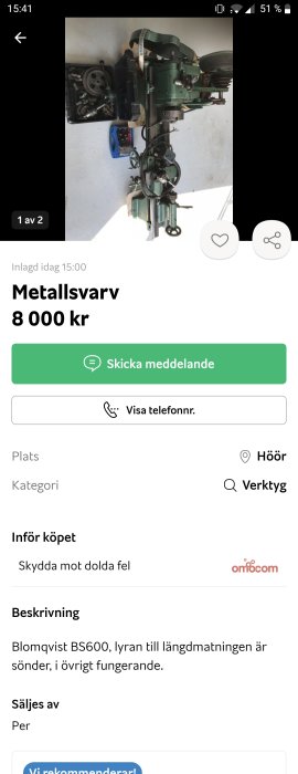 Blomqvist BS600 metallsvarv med defekt längdmatare, övriga delar fungerande.