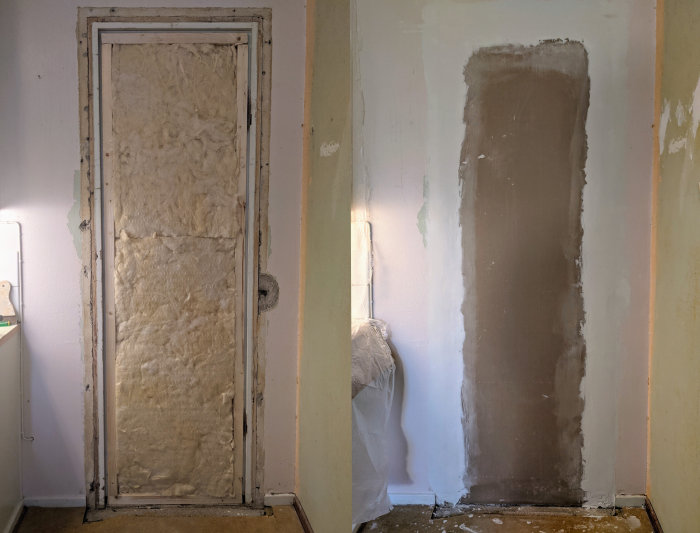 En vägg med en isolerad dörröppning och bredspacklad del redo för målning.