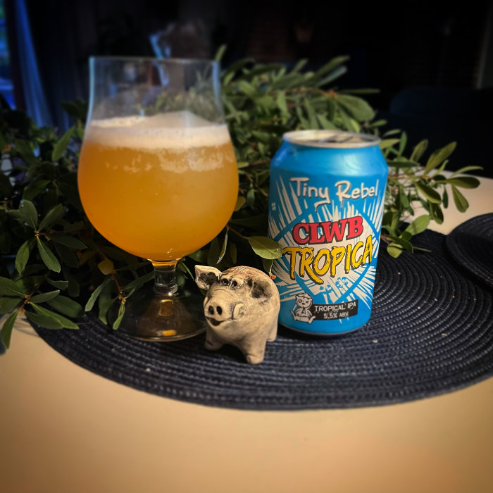 Ölglas med skummad öl bredvid en burk med "CLWB TROPICÁL"-text och en liten grisskulptur på ett bord.