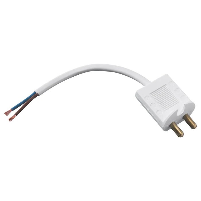 En ojordad vit stickpropp med kabel och två blottade ledare.