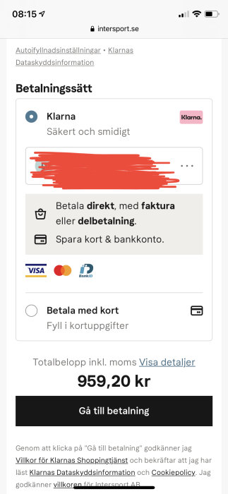 Skärmdump av betalningssida med Klarna som valt betalningssätt och alternativ för kortbetalning, totalpris på 959,20 kr.