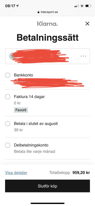 Skärmdump av betalningsalternativ hos Klarna med val för bankkonto, faktura, sen betalning och delbetalning.