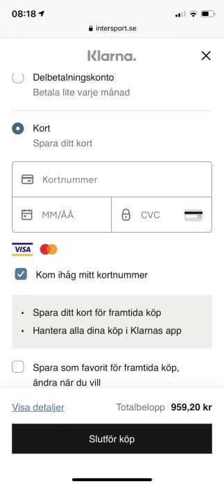 Skärmdump av betalningsalternativ hos Intersport med Klarna, val av kort och sparande av kortinformation.