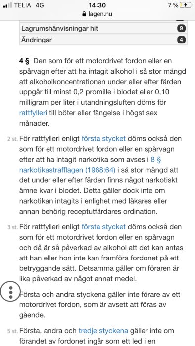 Skärmdump av lagtext från Transportstyrelsens hemsida som behandlar rattfylleri och alkoholregler för fordon.