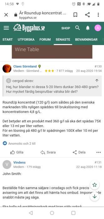 Skärmdump av ett foruminlägg om dosering av Roundup koncentrat med användarkommentarer.