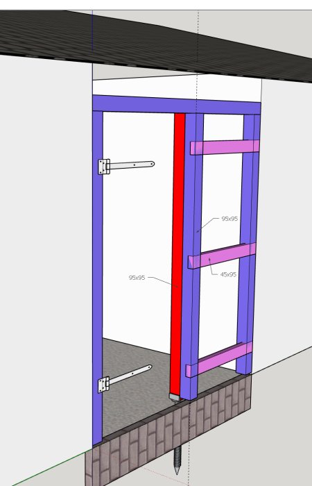 3D-skiss av en planerad portstruktur mellan hus och garage med kantsten och jordskruv.