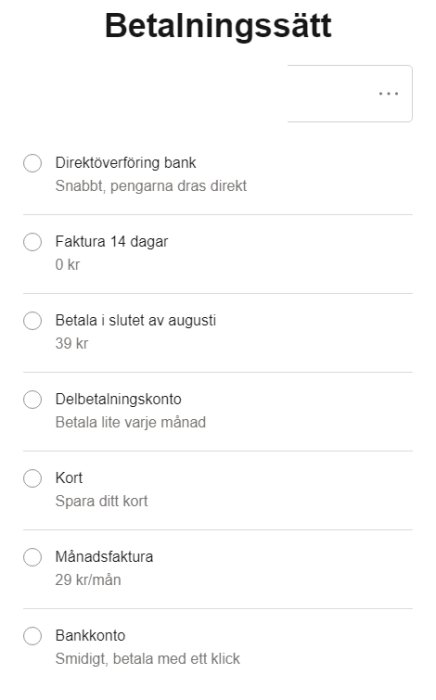 Skärmdump av betalningsalternativ med olika metoder som direktöverföring, faktura, delbetalning och kort.