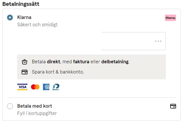Betalningsalternativ på webbplats med Klarna som markerat val och olika kortlogotyper.