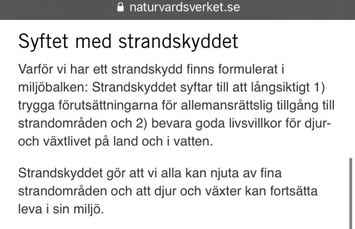 Skärmbild av en text från Naturvårdsverkets webbsida som förklarar syftet med strandskydd.