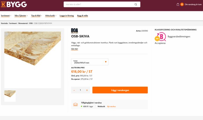 OSB-skiva med prisinformation på en bygghandels webbsida, 618 kr/st, rabatterat från 993 kr.