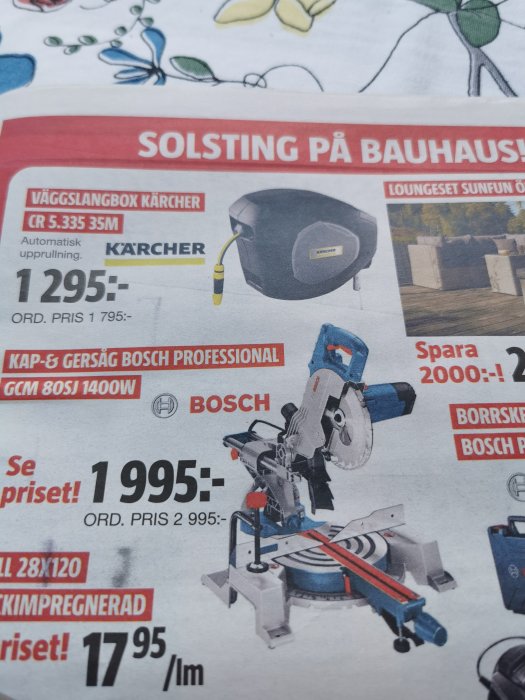 Reklam för verktyg med nedsatt pris på Bosch GCM 80 SJ kap- och gersåg samt Kärcher väggslangbox.