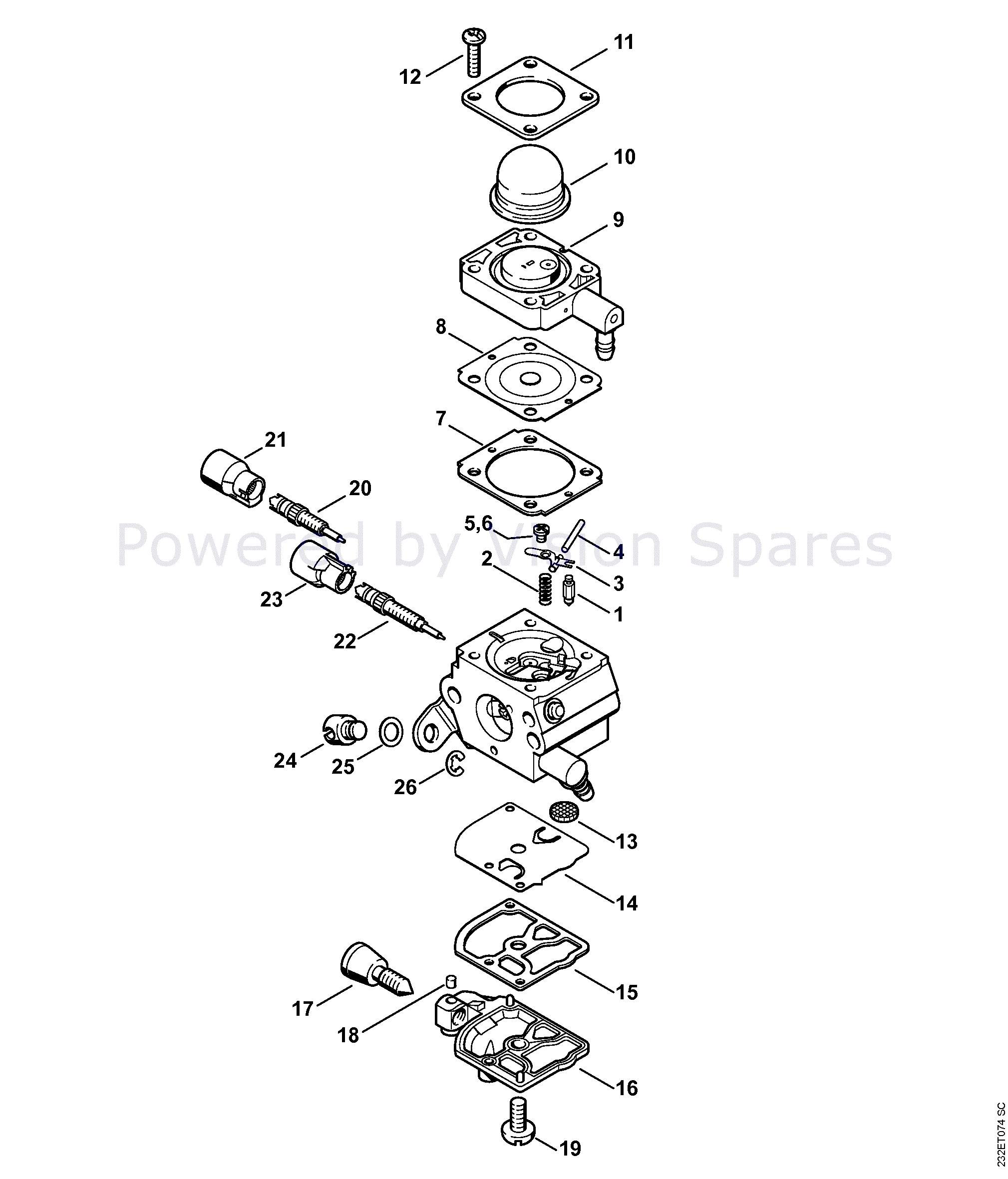 Exploded view diagram of a Stihl FS 38 carburetor with labeled parts for assembly.