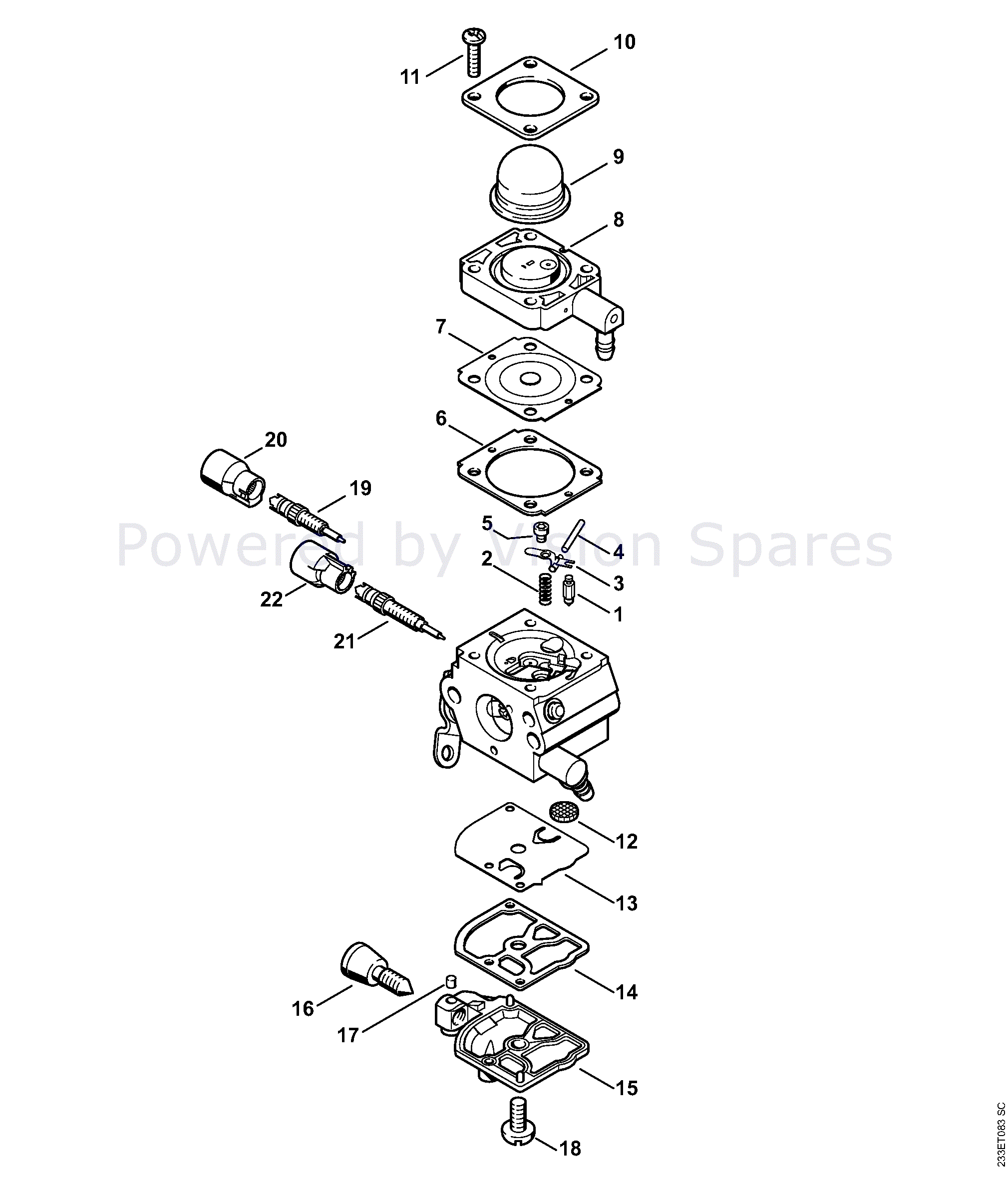 Exploded view diagram of Stihl FS 38 carburetor components and assembly.