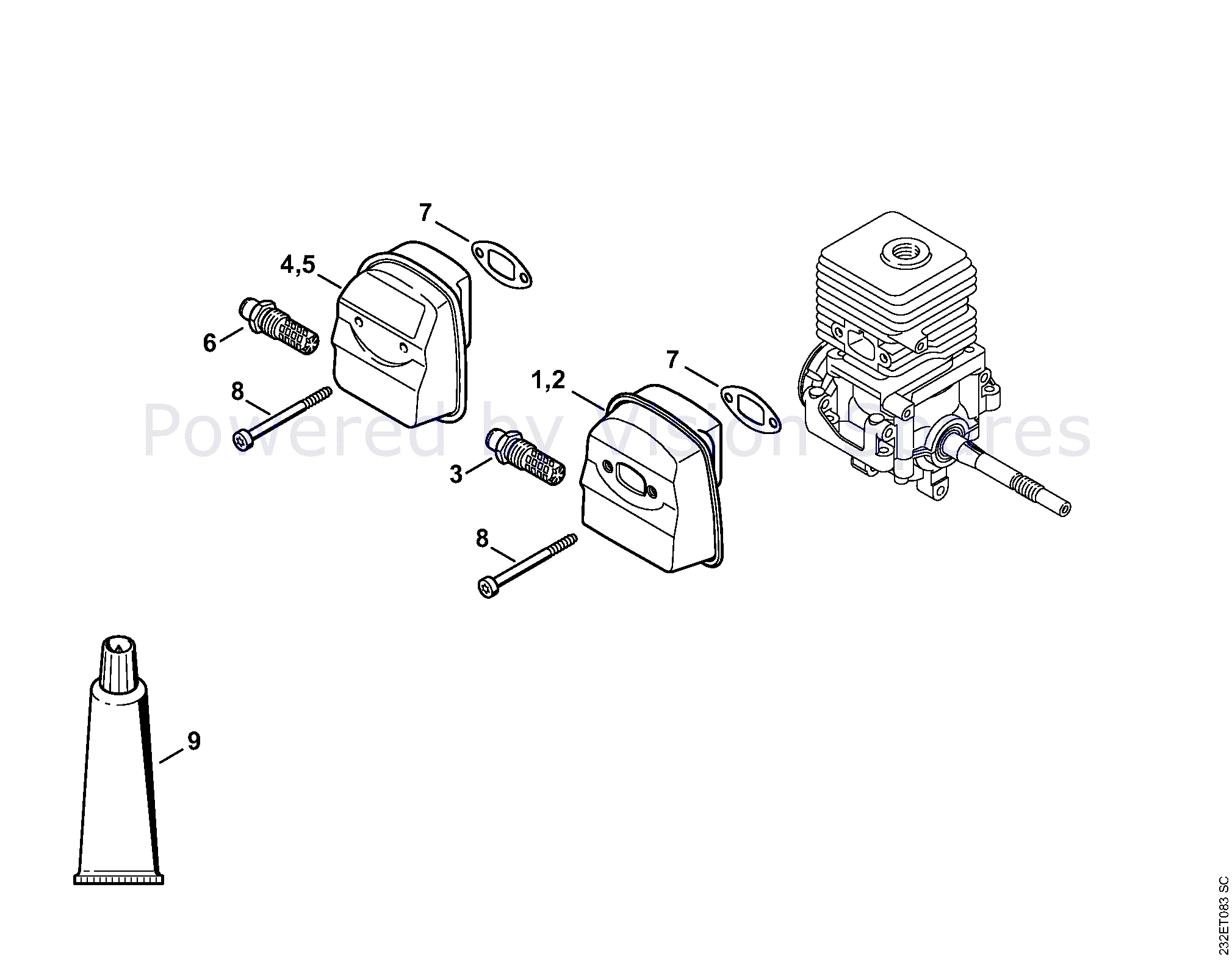 Explosionsritning av en ljuddämpare med demonterbar sotningsats för en motor.