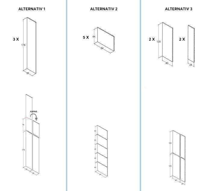 Ritningar som visar tre olika konstruktionsalternativ för ett högskåp, markerade med "ALTERNATIV 1, 2, och 3".