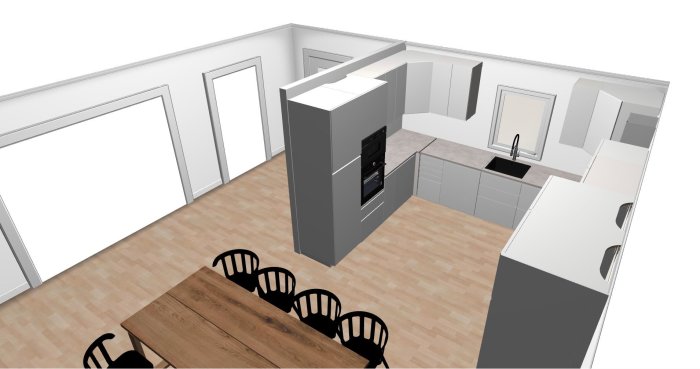 3D-ritning av ett kök med grå skåp, inbyggd ugn och spis, diskho och matbord.