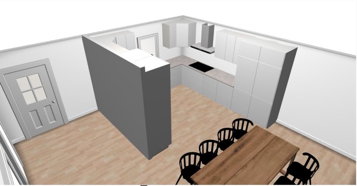 3D-visualisering av ett kök med vit inredning, spis och diskho placerade enligt beskrivningen i inlägget.