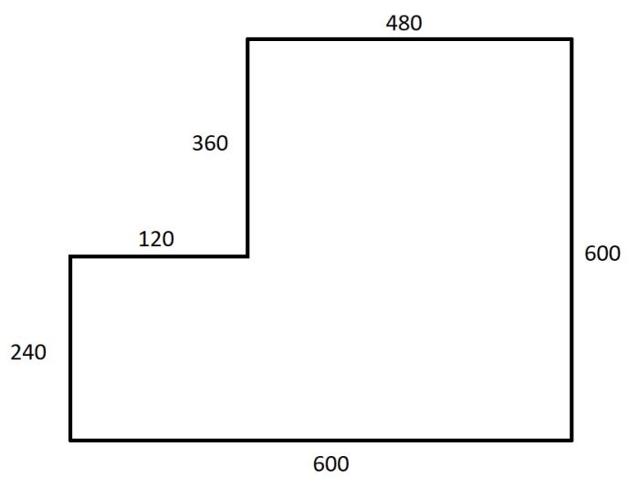 Schematisk ritning av ett trädäcks grundplan med måttangivelser i centimeter.