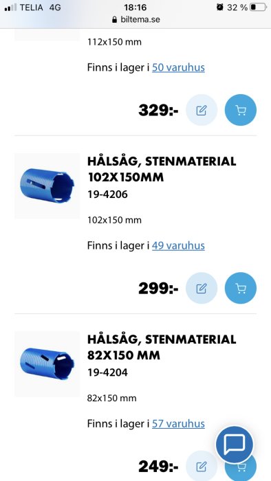 Biltemas blå hålsågar för stenmaterial i storlekarna 112x150, 102x150 och 82x150 mm med prisinformation.