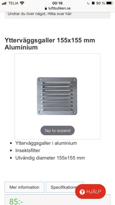 Standard yttre fyrkantsgaller i aluminium, 155x155 mm, för ventilation med insektsfilter.