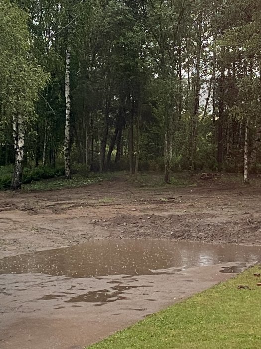 Vattenpöl vid slutet av en nyligen utvidgad garageuppfart med sand, grus och singel omgiven av träd.