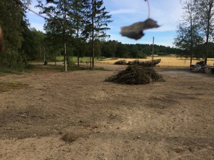 Utbredd, nyligen omstrukturerad tomt med utspridda högar av grenar och bergssidan i bakgrunden.