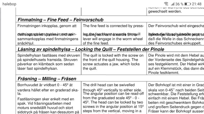 Skärmdump av diskussionsforum där text beskriver finmatning och låsning av spindelhylsa på flerspråkig manual.