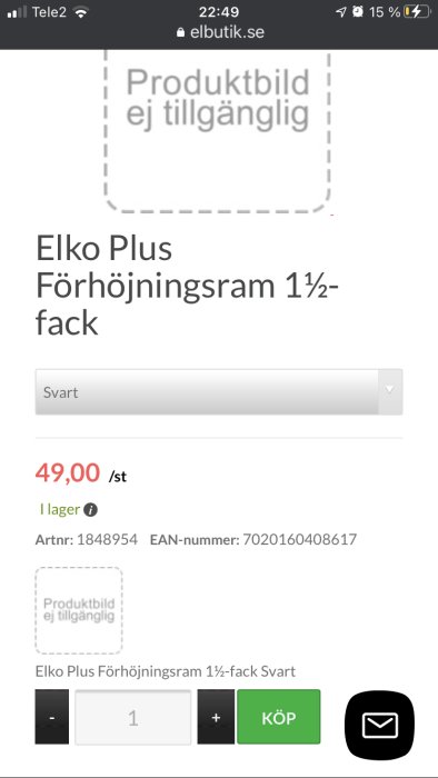 Skärmklipp från en webbutik som visar en produktlista för Elko Plus Förhöjningsram svart med texten "Produktbild ej tillgänglig".