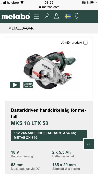 Batteridriven Metabo handcirkelsåg för metall, modell MKS 18 LTX 58, visas på en produktsida.