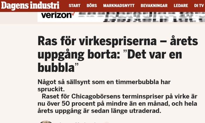 Nyhetsartikel om kraftigt fallande virkespriser med rubriken "Ras för virkespriser – årets uppgång borta: 'Det var en bubbla'".