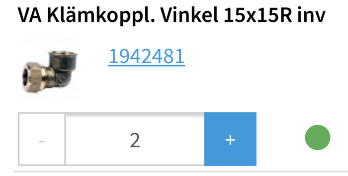 Vinkelklämringskoppling i metall för VVS-installationer, märkt med produktnummer 1942481.