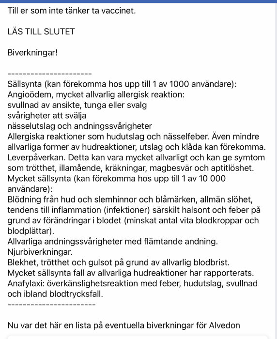 Skärmdump av ett foruminlägg om biverkningar av vaccinet med en lista över möjliga symptom i olika kategorier.