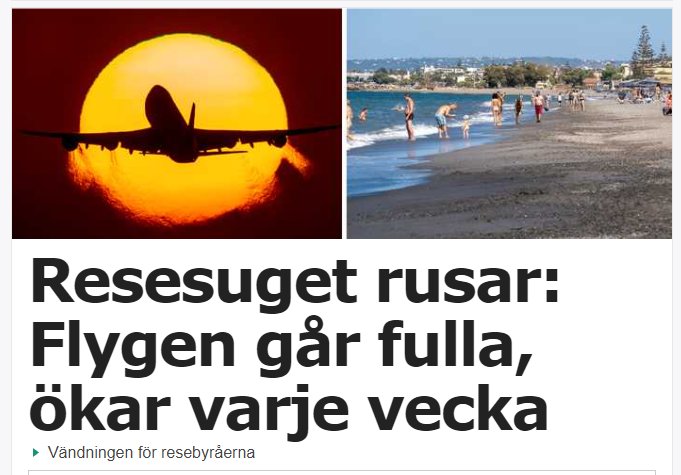 Flygplan silhuetterad mot solnedgången och strand med badande människor.