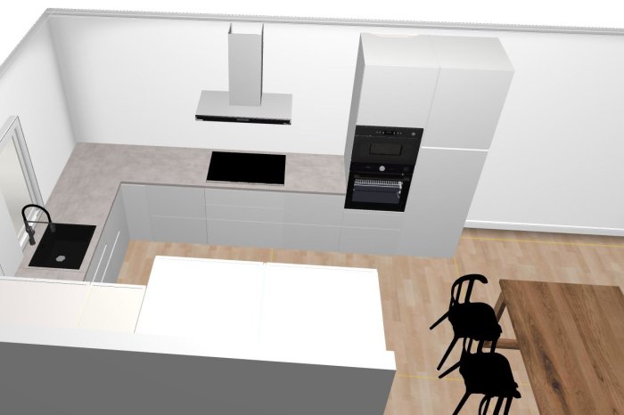 3D-modell av ett modernt kök utan fläkt ovanför spisen och diskmaskinen inte synlig.