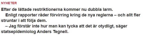 Skärmdump av nyhetsartikel där statsepidemiolog kommenterar förvirring efter lättnader i restriktioner.