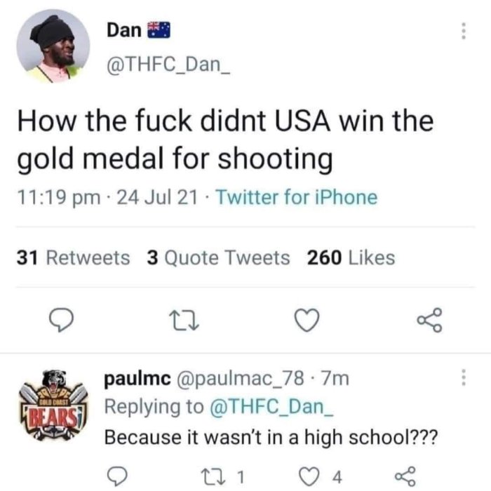 Skärmdump av Twitter-konversation med kommentarer om USA:s prestationer i skytte.