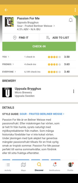 Skärmdump av dryckesprofil för 'Passion For Me' från Uppsala Brygghus på mobilapp.
