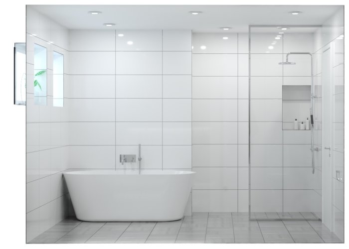 Modernt badrum med frittstående badkar nära fönster och separat duschhörna.